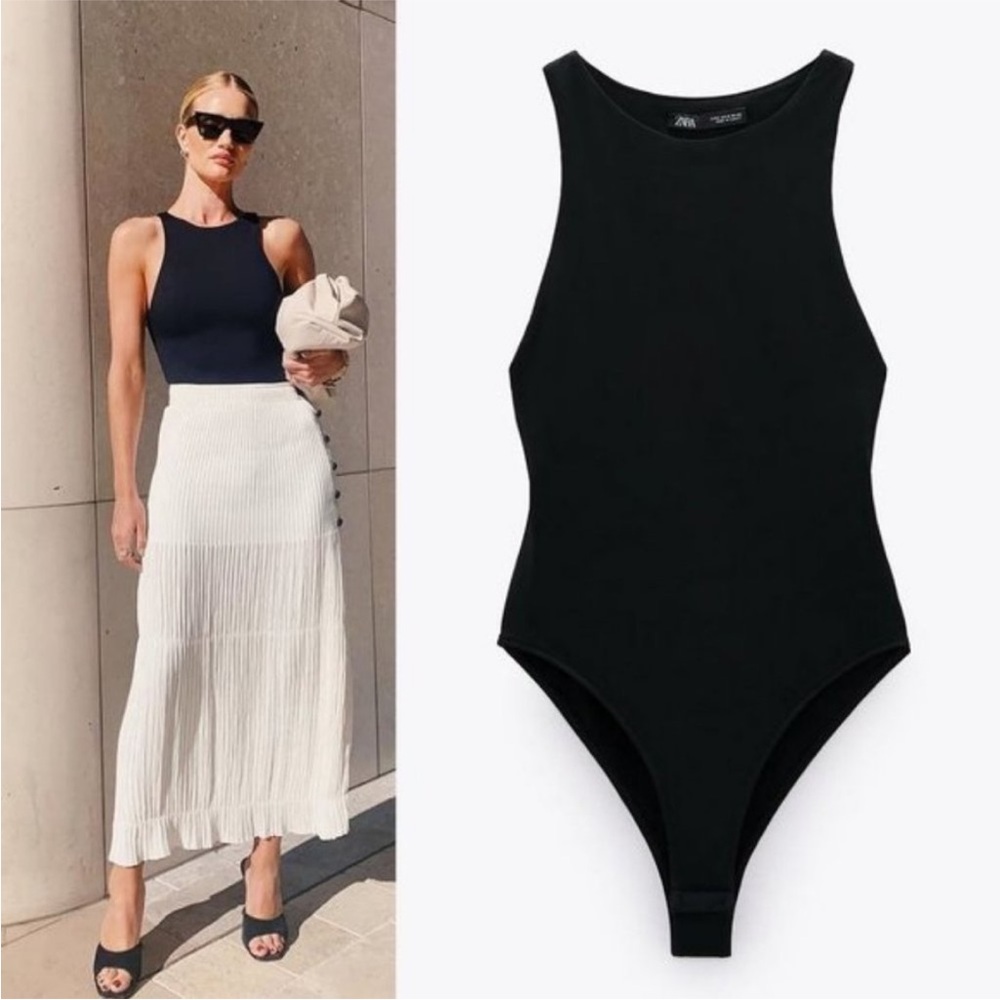 Zara Halter Bodysuit Top L High Neck Snap Buttons Sleeveless Black Blogger's Fav